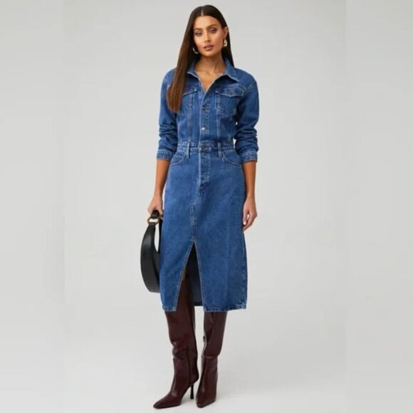 New! Favorite Daughter The City Denim Long Sleeve Midi Dress in Los Angeles - Picture 1 of 8